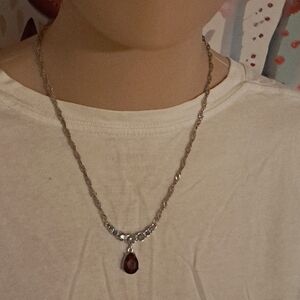 Silver Rope Chain Necklace with Garnet Red Teardrop Pendant Faux
